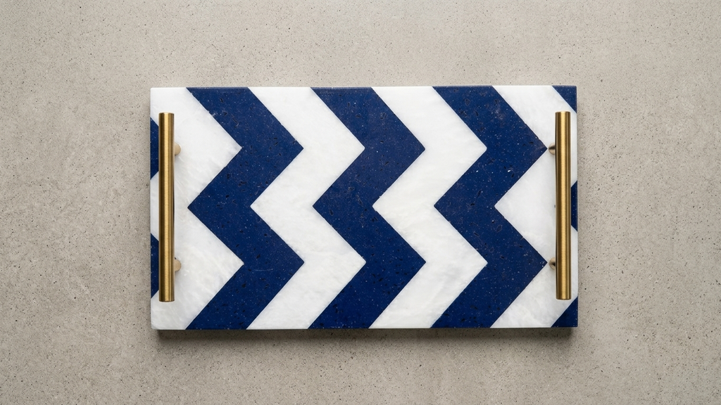 Lapis & Marble Chevron Inlay Tray with Brass Handles