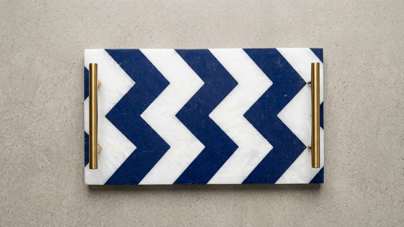Lapis & Marble Chevron Inlay Tray with Brass Handles