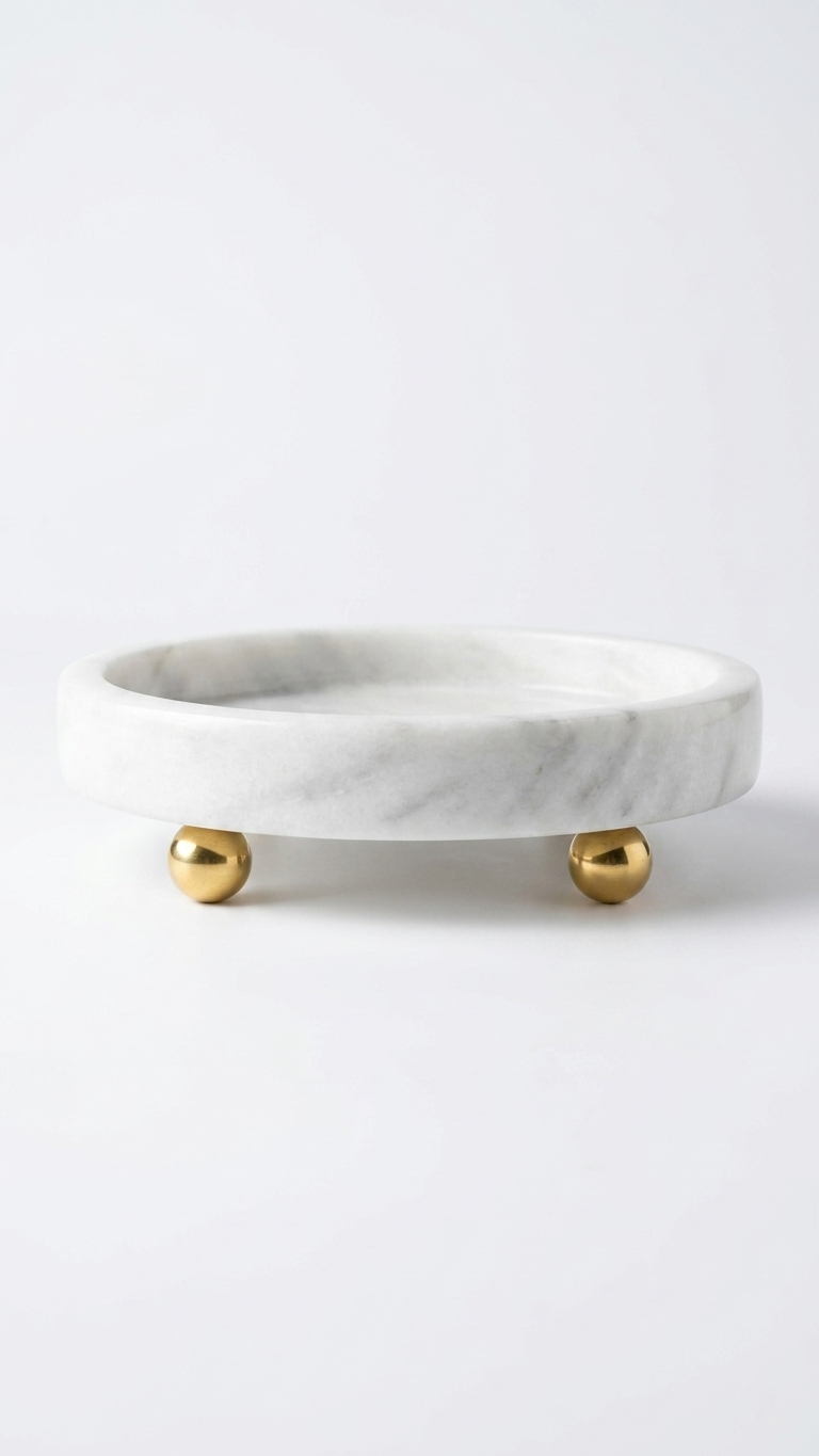 Aurora White Marble Pedestal Tray with Brass Sphere Feet