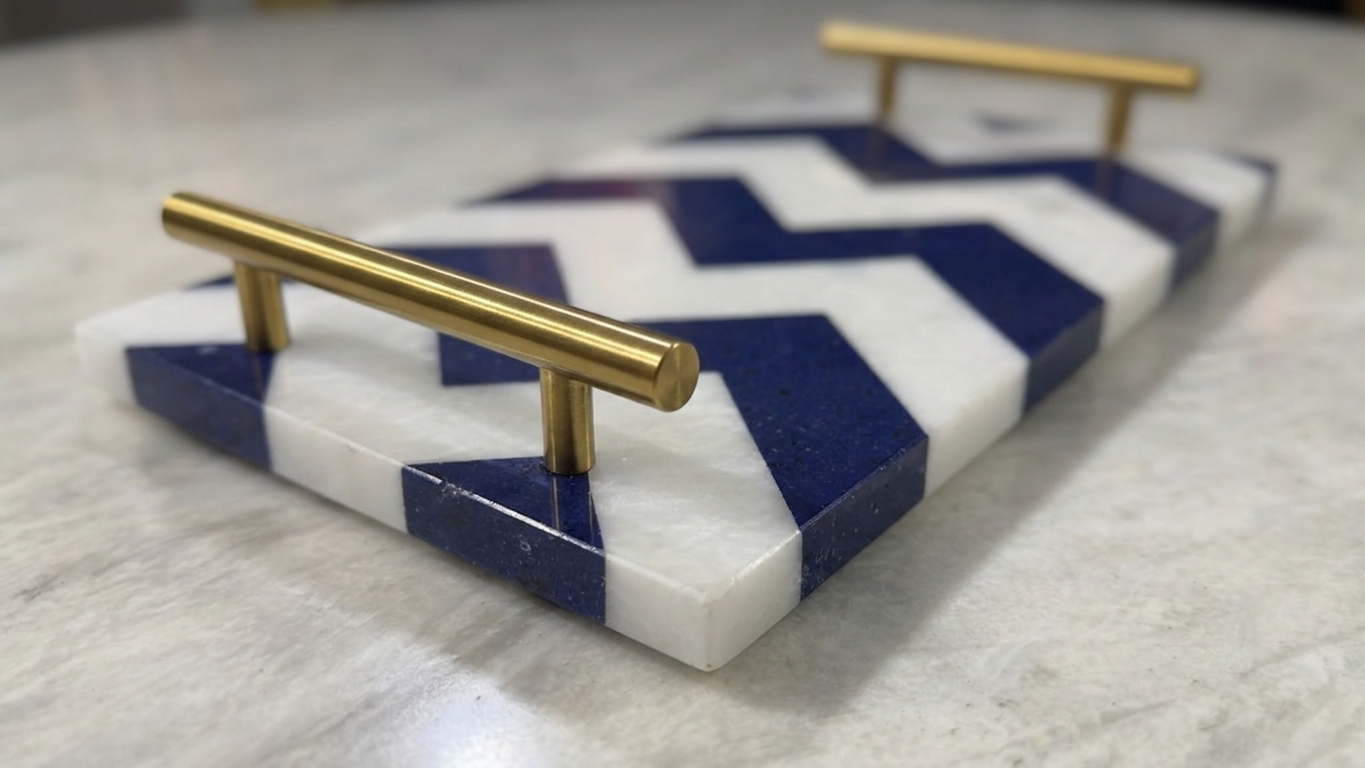 Lapis & Marble Chevron Inlay Tray with Brass Handles
