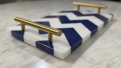 Lapis & Marble Chevron Inlay Tray with Brass Handles