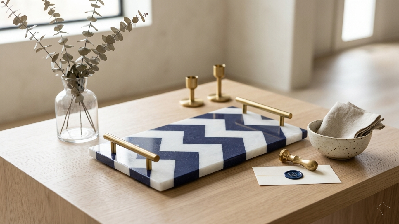 Lapis & Marble Chevron Inlay Tray with Brass Handles