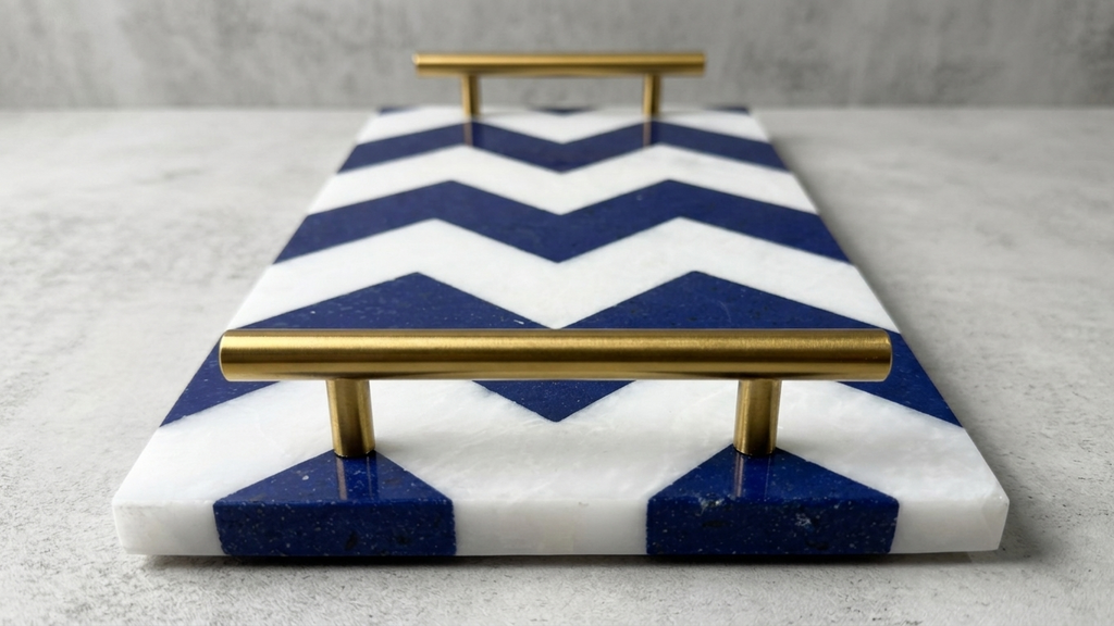 Lapis & Marble Chevron Inlay Tray with Brass Handles