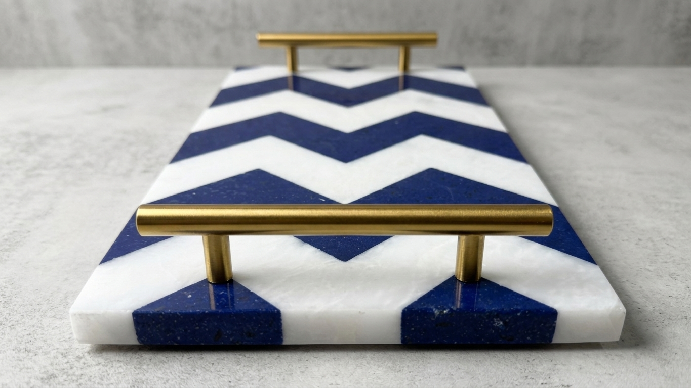 Lapis & Marble Chevron Inlay Tray with Brass Handles